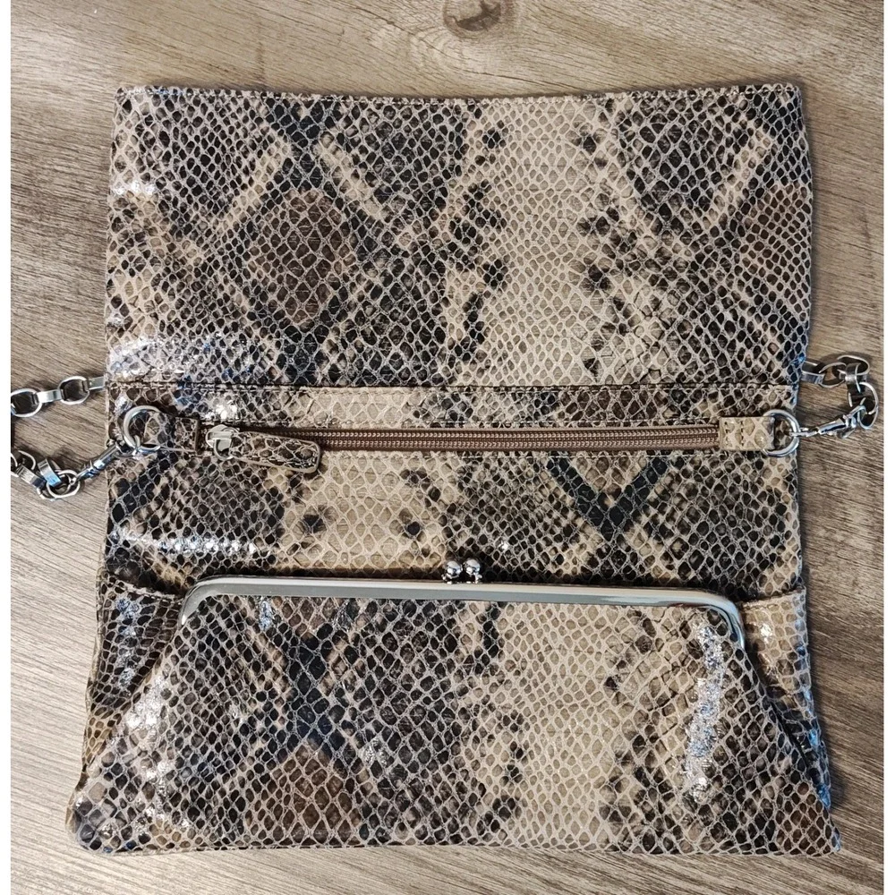 Alfani Foldover Clutch Bag Womens Medium Beige Brown Faux Snakeskin Chain Strap